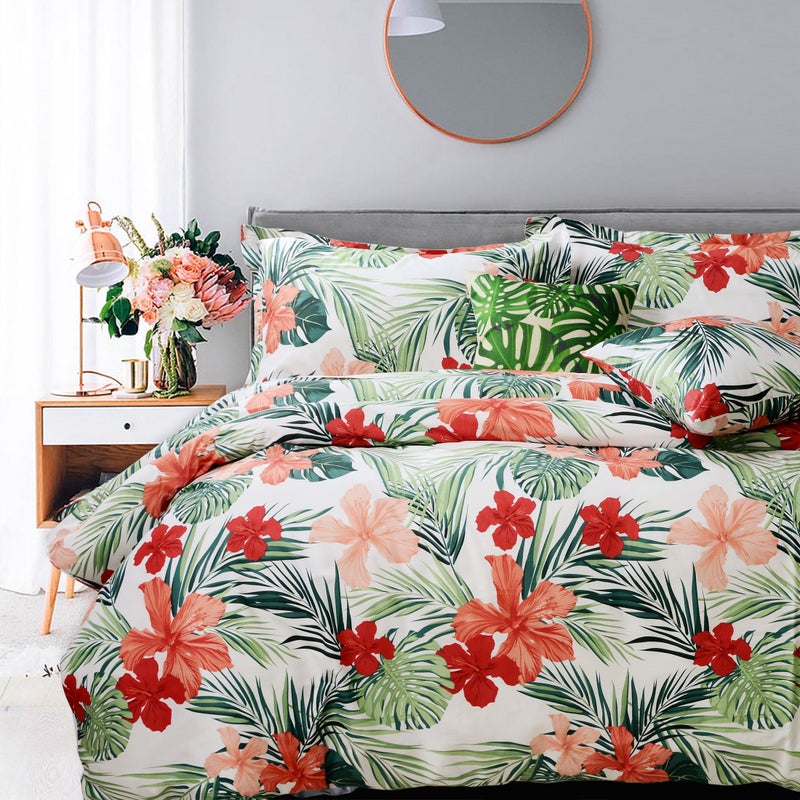FADFAY Green Duvet Cover 100% Cotton Tropical Bedding Red Hibiscus Flower & Forest Green Palm Leaves Plants Watercolor Printed Zipper Closure Soft Breathable Girls Floral Bedding Set 3 Pcs, Full - Image 1